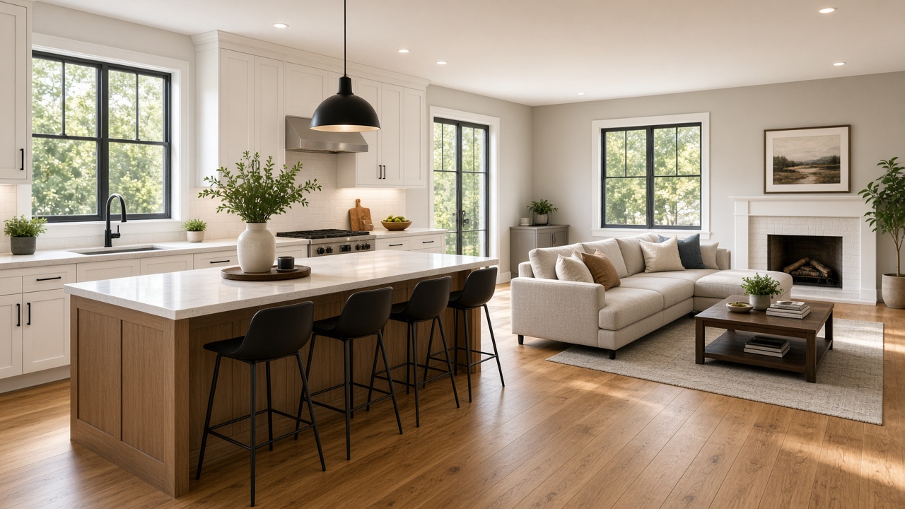 Renovated kitchen and living area with fresh finishes